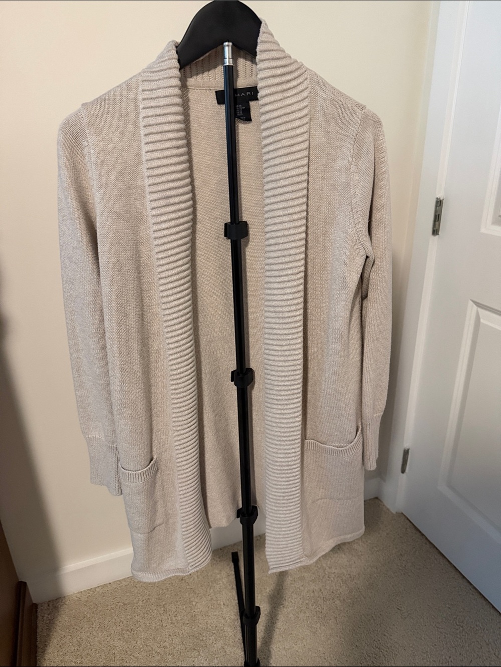 Tahari Cream Open-Front Ribbed Shawl Collar Cardigan